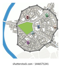 City map with navigation pins