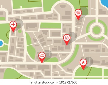 City map. Navigation plan with red pins. Online GPS application, web navigational service with icons of shops. Top view of downtown with streets or crossroads and districts. Vector roadmap mockup