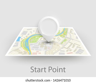 City map navigation pointer, color point markers design background, vector drawing schema, 3D simple city plan GPS navigation, final destination arrow on paper city map. Route of delivery check point
