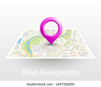 City map navigation pointer, color point markers design background, vector drawing schema, 3D simple city plan GPS navigation, final destination arrow on paper city map. Route of delivery check point