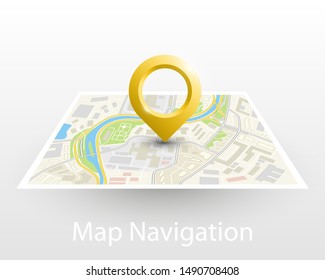 City map navigation pointer, color point markers design background, vector drawing schema, 3D simple city plan GPS navigation, final destination arrow on paper city map. Route of delivery check point