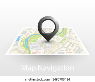 City map navigation pointer, color point markers design background, vector drawing schema, 3D simple city plan GPS navigation, final destination arrow on paper city map. Route of delivery check point
