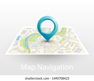 City map navigation pointer, color point markers design background, vector drawing schema, 3D simple city plan GPS navigation, final destination arrow on paper city map. Route of delivery check point