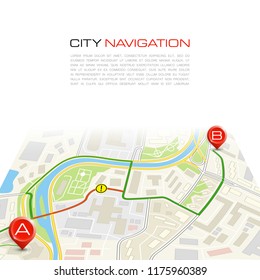 City map navigation route, color point markers design background, vector drawing schema, simple city plan GPS navigation, itinerary destination arrow paper city map. Route delivery check point graphic