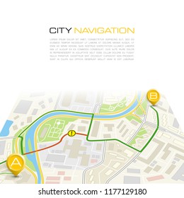 City map navigation route, color point markers design background, vector drawing schema, simple city plan GPS navigation, itinerary destination arrow paper city map. Route delivery check point graphic