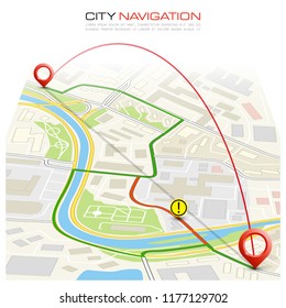 City map navigation route, color point markers design background, vector drawing schema, simple city plan GPS navigation, itinerary destination arrow paper city map. Route delivery check point graphic