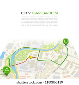 City map navigation route, color point markers design background, vector drawing schema, simple city plan GPS navigation, itinerary destination arrow paper city map. Route delivery check point graphic