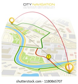 City map navigation route, color point markers design background, vector drawing schema, simple city plan GPS navigation, itinerary destination arrow paper city map. Route delivery check point graphic