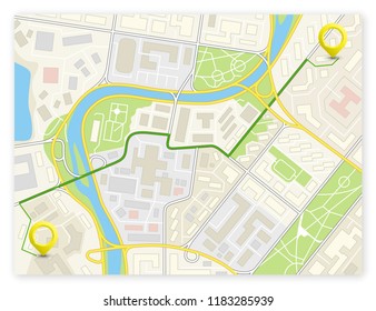 City map navigation route, color point markers design background, vector drawing schema, simple city plan GPS navigation, itinerary destination arrow paper city map. Route delivery check point graphic