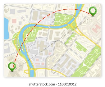 City map navigation route, color point markers design background, vector drawing schema, simple city plan GPS navigation, itinerary destination arrow paper city map. Route delivery check point graphic