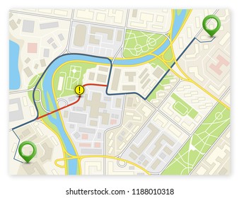 City map navigation route, color point markers design background, vector drawing schema, simple city plan GPS navigation, itinerary destination arrow paper city map. Route delivery check point graphic