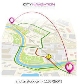 City map navigation route, color point markers design background, vector drawing schema, simple city plan GPS navigation, itinerary destination arrow paper city map. Route delivery check point graphic