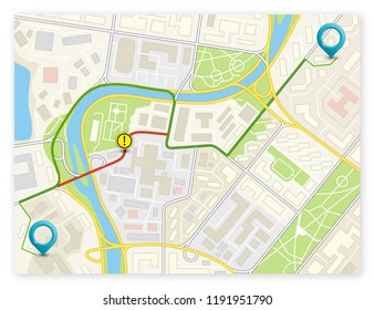 City map navigation route, color point markers design background, vector drawing schema, simple city plan GPS navigation, itinerary destination arrow paper city map. Route delivery check point graphic