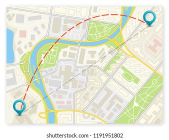 City map navigation route, color point markers design background, vector drawing schema, simple city plan GPS navigation, itinerary destination arrow paper city map. Route delivery check point graphic