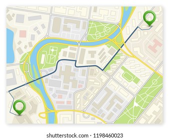 City map navigation route, color point markers design background, vector drawing schema, simple city plan GPS navigation, itinerary destination arrow paper city map. Route delivery check point graphic