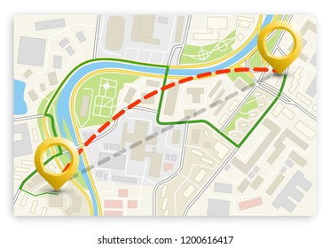 City map navigation route, color point markers design background, vector drawing schema, simple city plan GPS navigation, itinerary destination arrow paper city map. Route delivery check point graphic