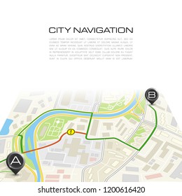 City map navigation route, color point markers design background, vector drawing schema, simple city plan GPS navigation, itinerary destination arrow paper city map. Route delivery check point graphic