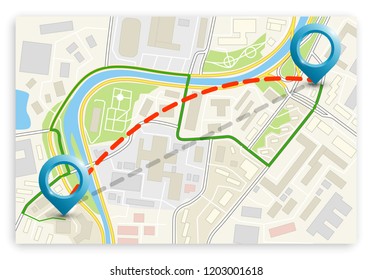 Ruta de navegación del mapa de ciudad, fondo de diseño de marcadores de puntos de color, esquema de dibujo vectorial, navegación simple del plan de ciudad GPS, mapa de ciudad de la flecha de destino itinerario. Gráfico de punto de control de entrega de ruta
