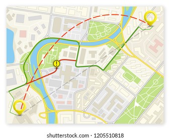 City map navigation route, color point markers design background, vector drawing schema, simple city plan GPS navigation, itinerary destination arrow paper city map. Route delivery check point graphic