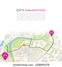 City map navigation route, color point markers design background, vector drawing schema, simple city plan GPS navigation, itinerary destination arrow paper city map. Route delivery check point graphic