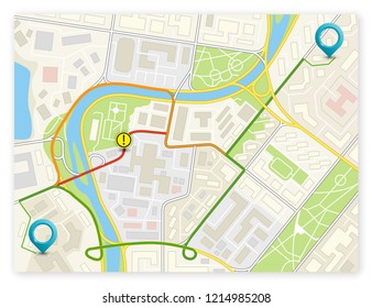 City map navigation route, color point markers design background, vector drawing schema, simple city plan GPS navigation, itinerary destination arrow paper city map. Route delivery check point graphic