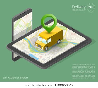 City map navigation route, phone point delivery van, vector isometric schema itinerary delivery car, city plan GPS navigation, itinerary destination arrow city map. Route delivery truck check point