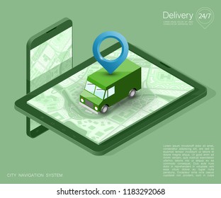 City map navigation route, phone point delivery van, vector isometric schema itinerary delivery car, city plan GPS navigation, itinerary destination arrow city map. Route delivery truck check point