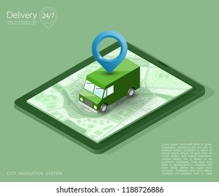 City map navigation route, phone point delivery van, vector isometric schema itinerary delivery car, city plan GPS navigation, itinerary destination arrow city map. Route delivery truck check point