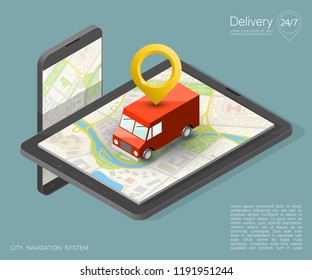 City map navigation route, phone point delivery van, vector isometric schema itinerary delivery car, city plan GPS navigation, itinerary destination arrow city map. Route delivery truck check point