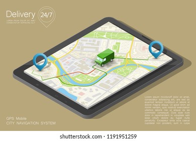 City map navigation route, phone point delivery van, vector isometric schema itinerary delivery car, city plan GPS navigation, itinerary destination arrow city map. Route delivery truck check point