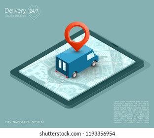 City map navigation route, phone point delivery van, vector isometric schema itinerary delivery car, city plan GPS navigation, itinerary destination arrow city map. Route delivery truck check point