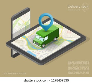 City map navigation route, phone point delivery van, vector isometric schema itinerary delivery car, city plan GPS navigation, itinerary destination arrow city map. Route delivery truck check point