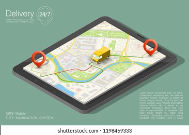 City map navigation route, phone point delivery van, vector isometric schema itinerary delivery car, city plan GPS navigation, itinerary destination arrow city map. Route delivery truck check point