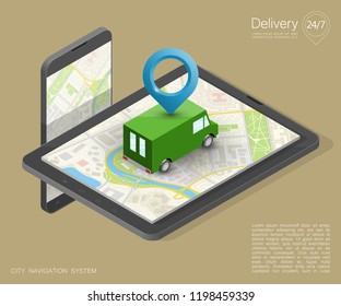 City map navigation route, phone point delivery van, vector isometric schema itinerary delivery car, city plan GPS navigation, itinerary destination arrow city map. Route delivery truck check point