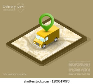 City map navigation route, phone point delivery van, vector isometric schema itinerary delivery car, city plan GPS navigation, itinerary destination arrow city map. Route delivery truck check point