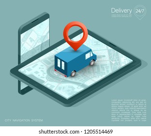 City map navigation route, phone point delivery van, vector isometric schema itinerary delivery car, city plan GPS navigation, itinerary destination arrow city map. Route delivery truck check point