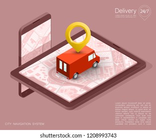 City map navigation route, phone point delivery van, vector isometric schema itinerary delivery car, city plan GPS navigation, itinerary destination arrow city map. Route delivery truck check point