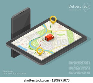 City map navigation route, phone point delivery van, vector isometric schema itinerary delivery car, city plan GPS navigation, itinerary destination arrow city map. Route delivery truck check point