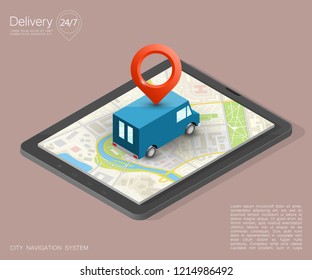 City map navigation route, phone point delivery van, vector isometric schema itinerary delivery car, city plan GPS navigation, itinerary destination arrow city map. Route delivery truck check point