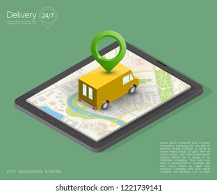 City map navigation route, phone point delivery van, vector isometric schema itinerary delivery car, city plan GPS navigation, itinerary destination arrow city map. Route delivery truck check point
