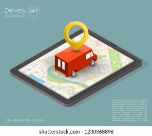 City map navigation route, phone point delivery van, vector isometric schema itinerary delivery car, city plan GPS navigation, itinerary destination arrow city map. Route delivery truck check point