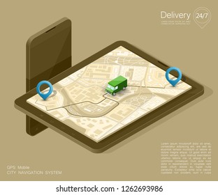 City map navigation route, phone point delivery van, vector isometric schema itinerary delivery car, city plan GPS navigation, itinerary destination arrow city map. Route delivery truck check point
