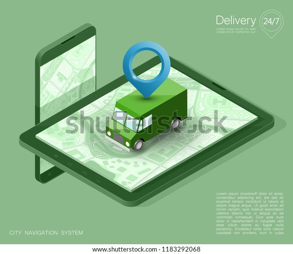 City map navigation route, phone point delivery
van, vector isometric schema itinerary delivery car, city plan GPS
navigation, itinerary destination arrow city map. Route delivery
truck check point