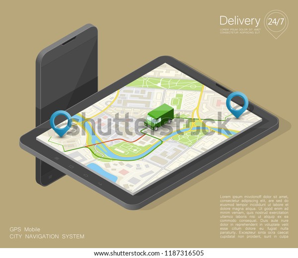 City map navigation route, phone point delivery\
van, vector isometric schema itinerary delivery car, city plan GPS\
navigation, itinerary destination arrow city map. Route delivery\
truck check point