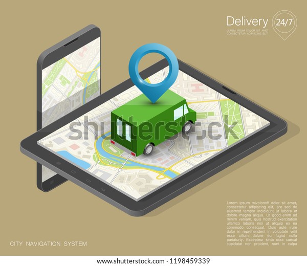 City map navigation route, phone point delivery\
van, vector isometric schema itinerary delivery car, city plan GPS\
navigation, itinerary destination arrow city map. Route delivery\
truck check point