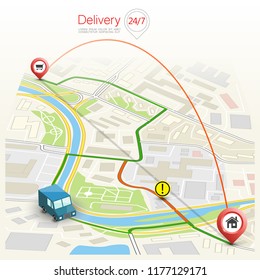 City map navigation route, point markers delivery van, vector drawing schema itinerary delivery car, city plan GPS navigation, itinerary destination arrow city map. Route delivery check point graphic