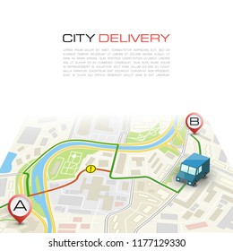 City map navigation route, point markers delivery van, vector drawing schema itinerary delivery car, city plan GPS navigation, itinerary destination arrow city map. Route delivery check point graphic