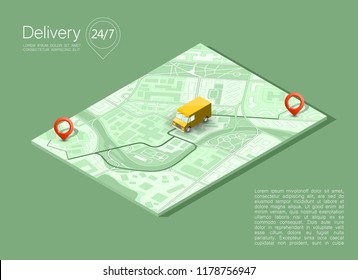 City map navigation route, point markers delivery van, vector isometry schema itinerary delivery car, city plan GPS navigation, itinerary destination arrow city map. Route delivery check point graphic