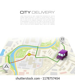 City map navigation route, point markers delivery van, vector drawing schema itinerary delivery car, city plan GPS navigation, itinerary destination arrow city map. Route delivery check point graphic