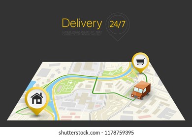 City map navigation route, point markers delivery van, vector drawing schema itinerary delivery car, city plan GPS navigation, itinerary destination arrow city map. Route delivery check point graphic